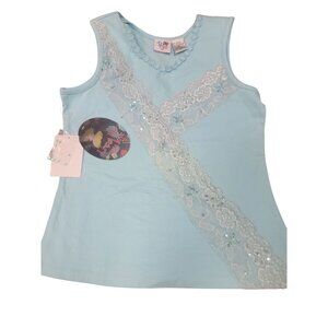 Beautiful Girl Turquoise Lace Embellished Sleeveless Cotton Blend Top Size 12